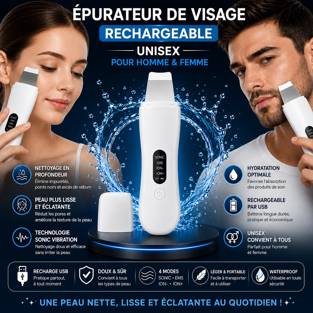 Epurateur de visage pour homme et femme rechargeable