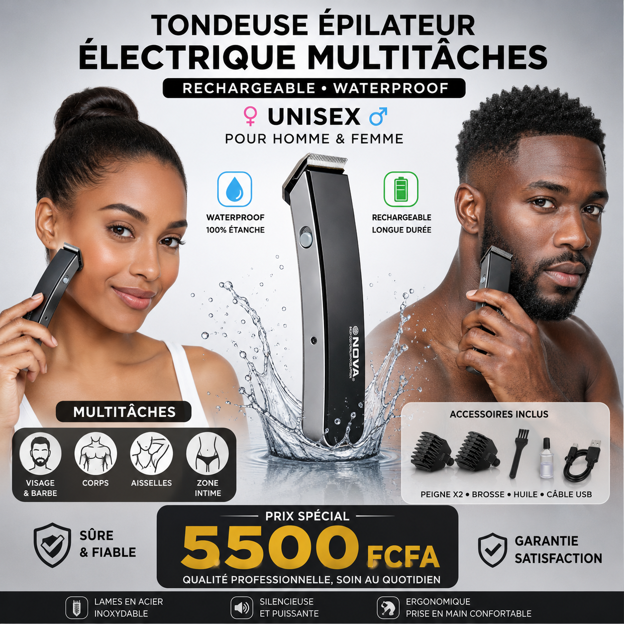 Tondeuse épilateur électrique rechargeable multitâches hommes et femmes
